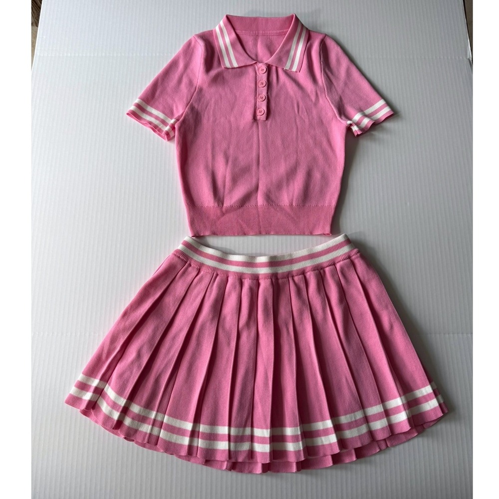 Unbranded Pink Skirt Set Women Medium Knit Pleated Preppy Varsity 2 Piece